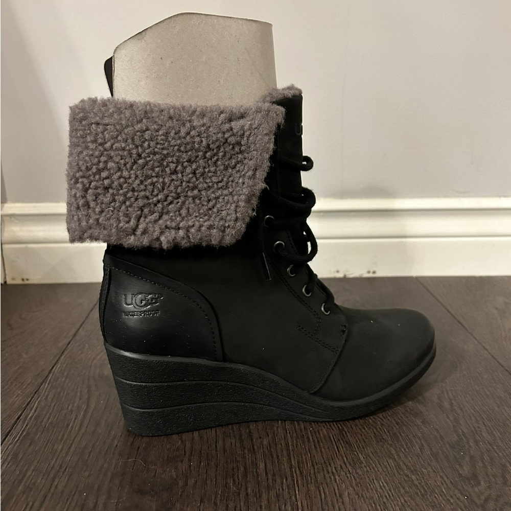 UGG Black and Gray Lace Up Boots with Cozy Cuff